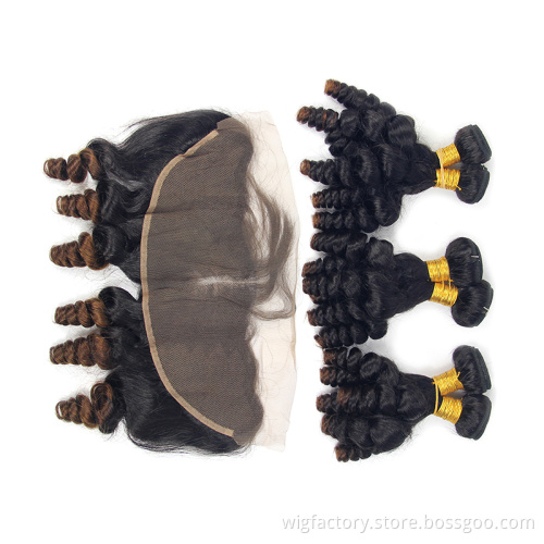 Wholesale 100% unprocessed human fumi bouncy curl, two tone human hair weave with closure
